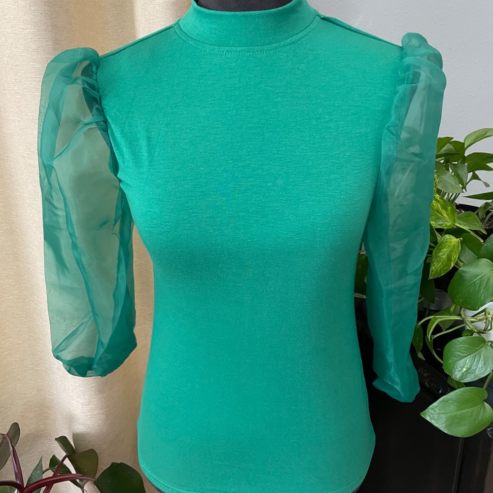 Emerald Green Eclectic Puff Sleeve Retro Funky Blouse NWT  - XS